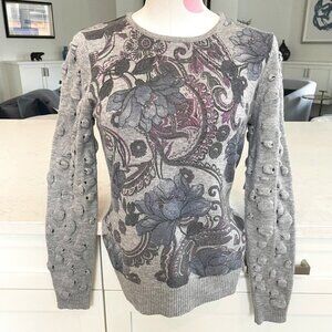 Alberto Makali Designer 2 Pce Floral Wool Acrylic Sweater & Scarf Grey Blu Sz M
